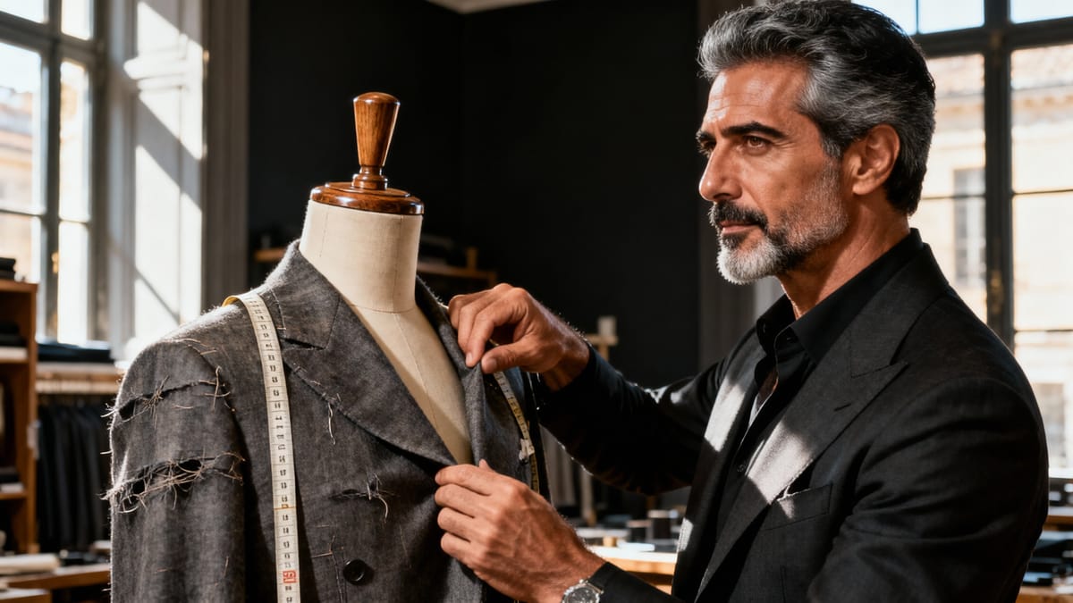 Sarto che lavora su una giacca destrutturata in un atelier