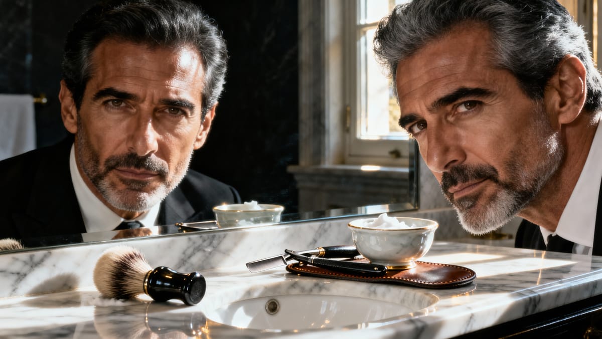 Un elegante kit da barba tradizionale su un piano in marmo, illuminato dalla luce mattutina.