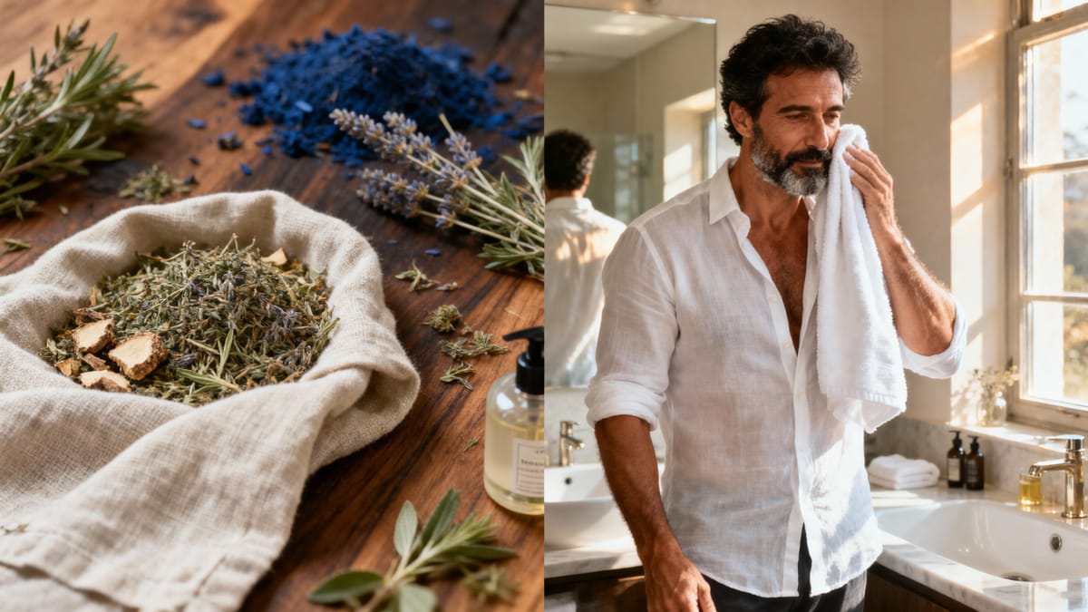 Uomo elegante che si prepara davanti allo specchio con luce naturale del mattino