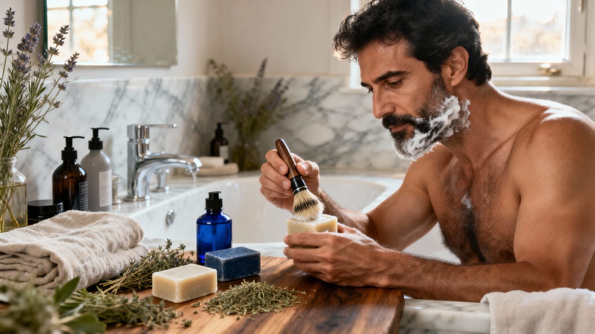 Uomo in un bagno di marmo elegante che prepara il sapone da barba con un pennello di lusso