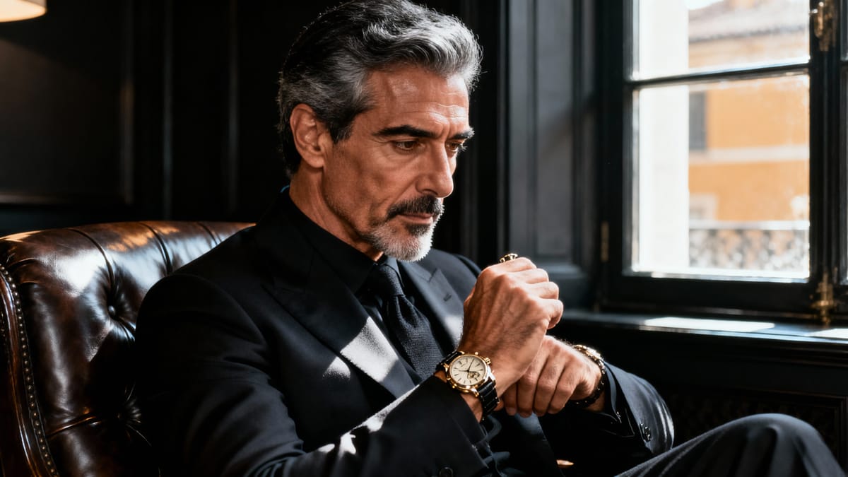 Uomo elegante che osserva un orologio meccanico al polso in una stanza illuminata da luce naturale