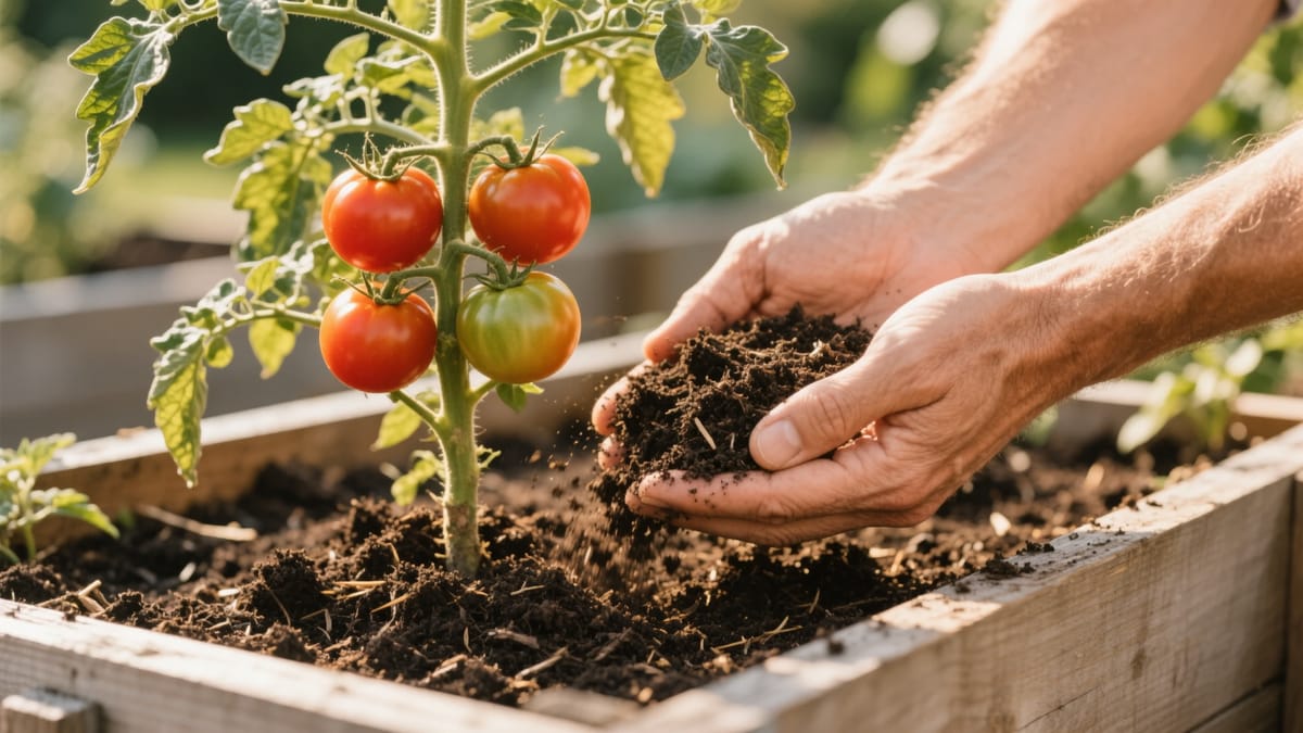 Un primo piano di mani che spargono delicatamente del compost scuro e friabile alla base di una pianta di pomodoro rigogliosa in un orto rialzato di legno.