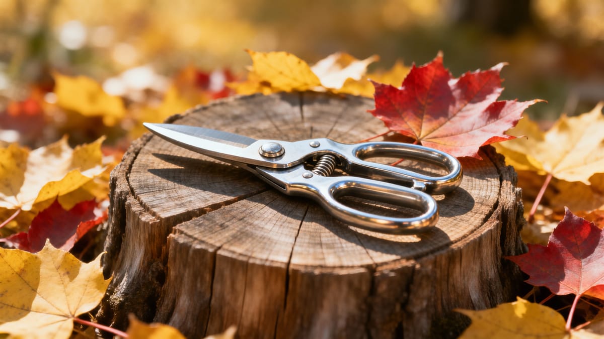 Un paio di cesoie da giardinaggio pulite e affilate appoggiate su un ceppo di legno rustico, circondato da foglie autunnali gialle e rosse