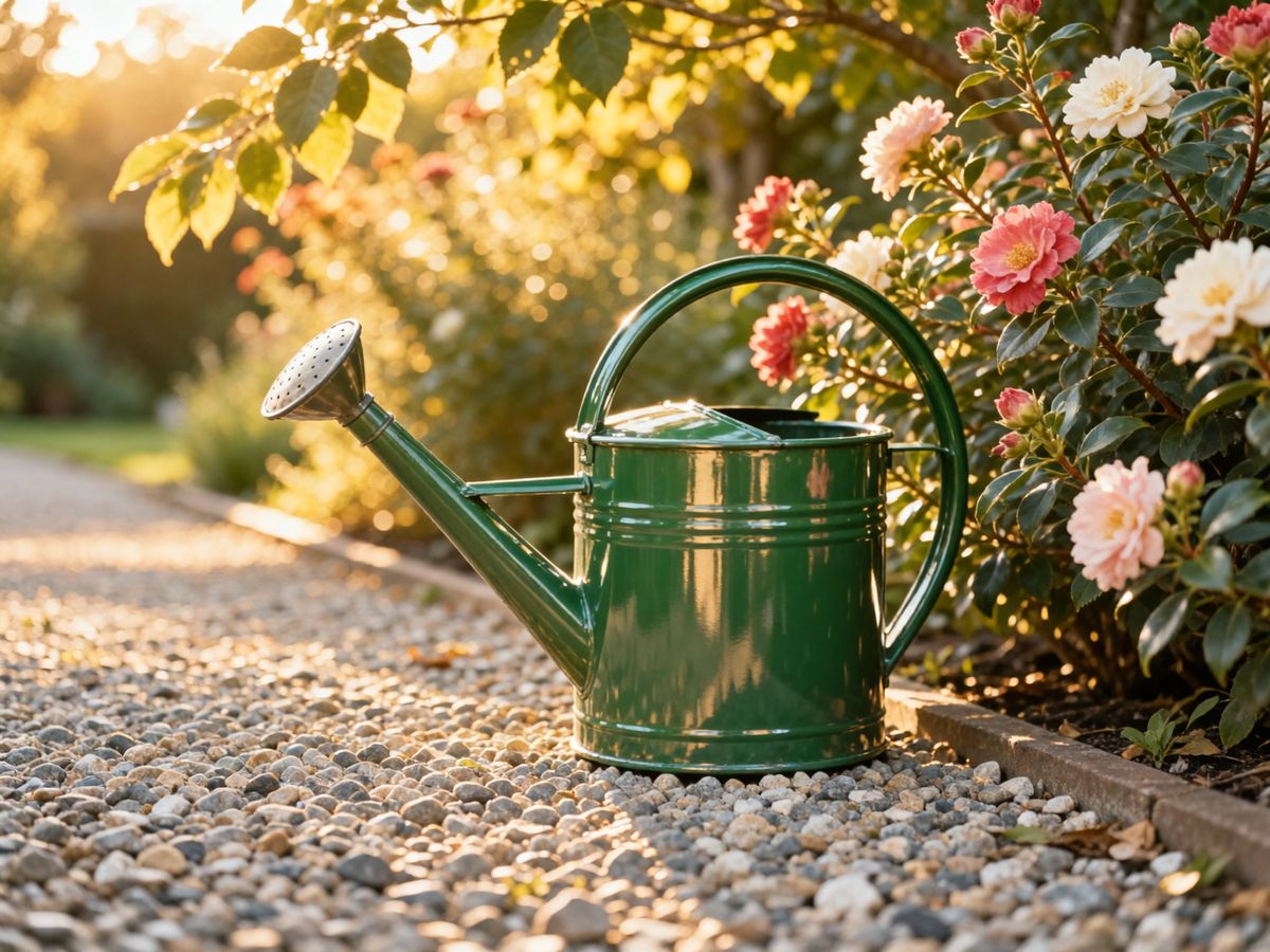 Un innaffiatoio di metallo verde appoggiato su un sentiero di ghiaia accanto a cespugli fioriti, con la luce dorata del tardo pomeriggio che filtra tra le foglie.