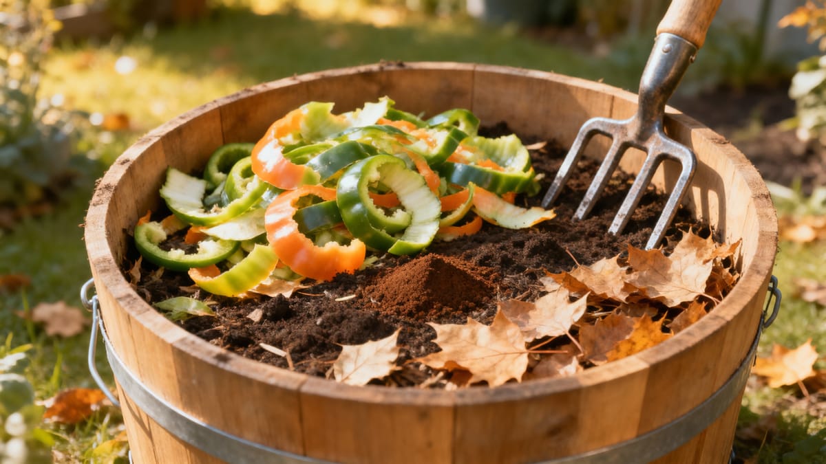 Un bidone per il compostaggio in legno aperto nel giardino, che mostra strati alternati di bucce di verdura fresca, fondi di caffè e foglie secche autunnali, con un forcone appoggiato al lato.