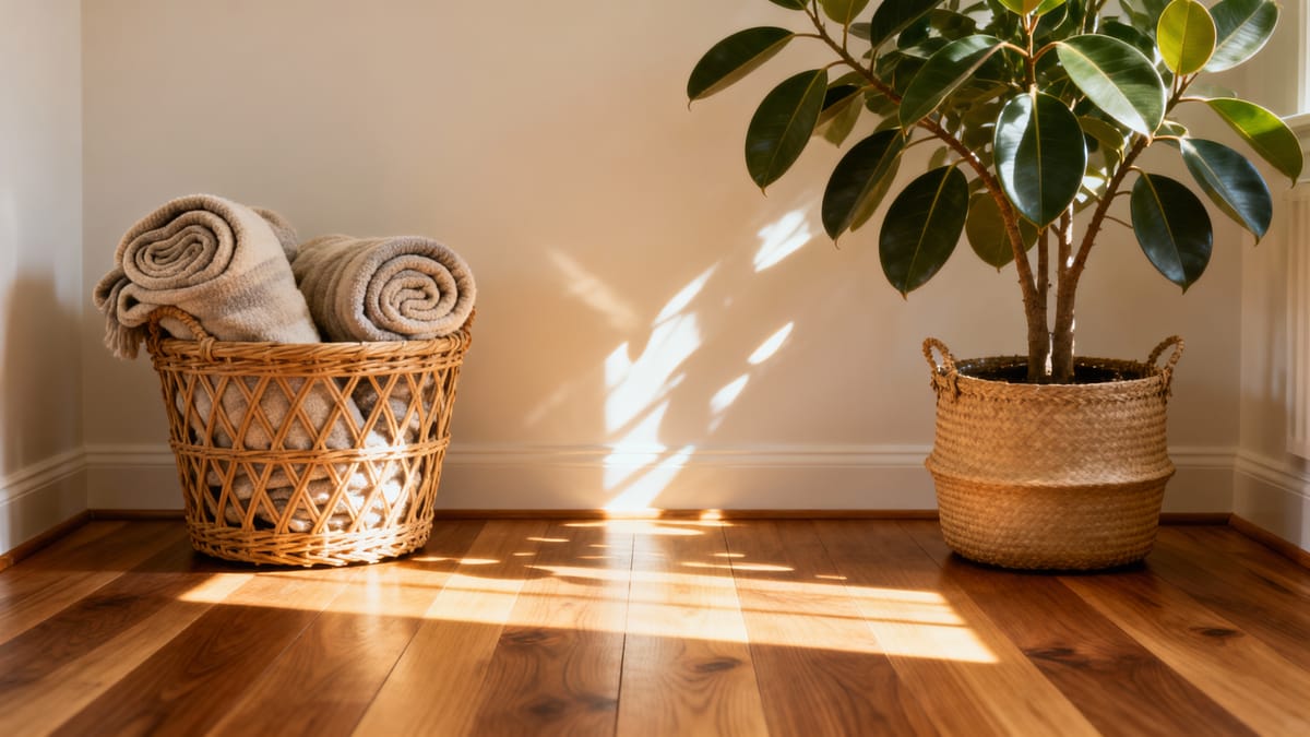 Un angolo di una stanza con pavimento in legno di rovere, un cesto in vimini intrecciato contenente coperte arrotolate, una grande pianta di Ficus e un raggio di sole che illumina lo spazio vuoto a terra