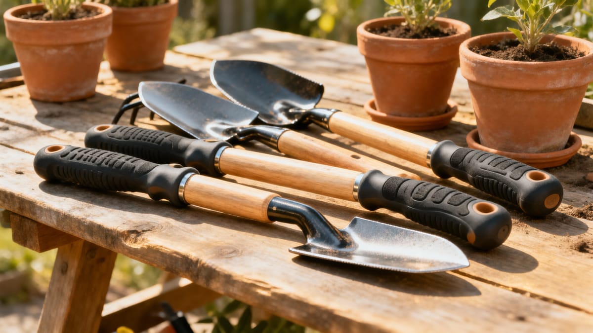 Un set di attrezzi da giardinaggio dal design ergonomico con manici lunghi e impugnature sagomate in gomma morbida, ordinatamente appoggiati su un tavolo da lavoro in legno rustico accanto a vasi di terracotta.