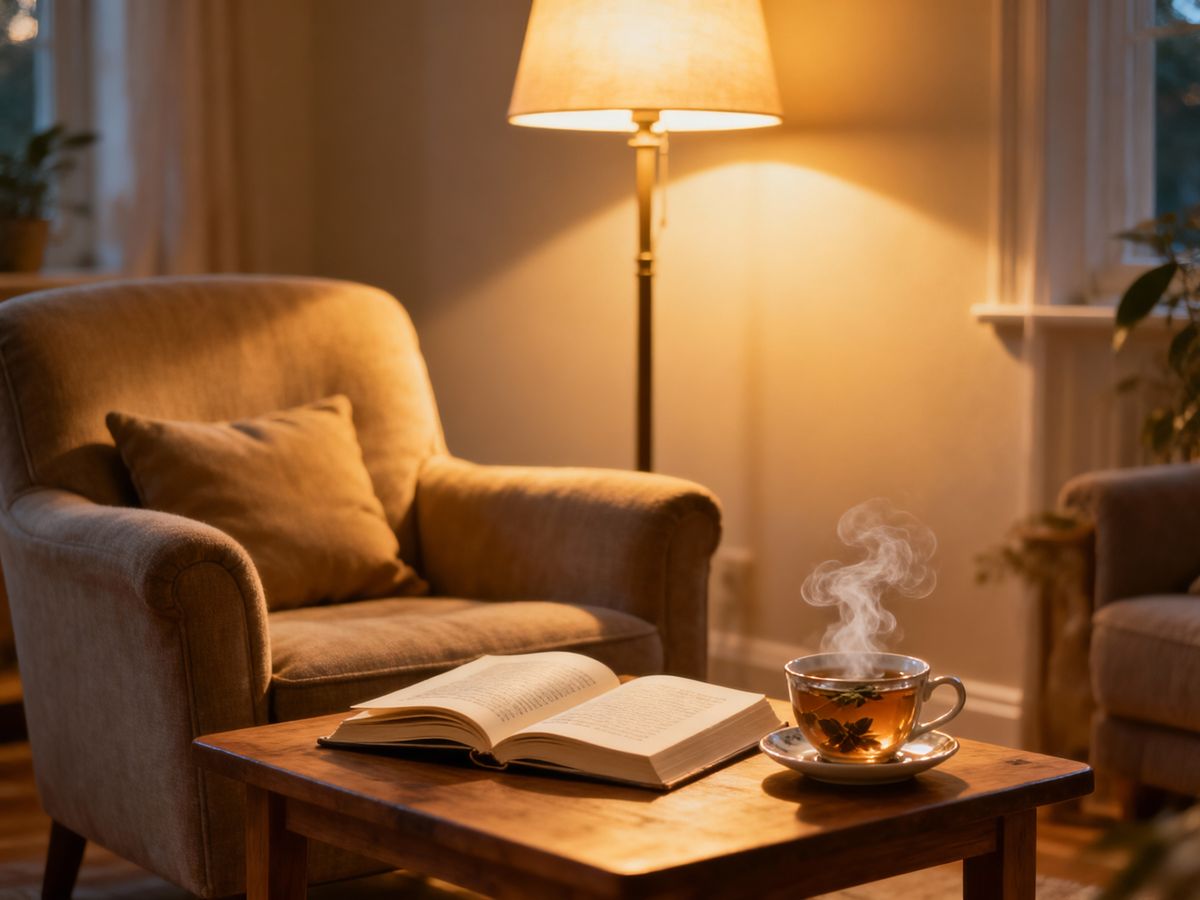Un accogliente angolo lettura serale con una poltrona confortevole, illuminato solo dalla luce calda e soffusa di una lampada da terra; su un tavolino di legno ci sono un libro aperto e una tazza fumante di tisana.