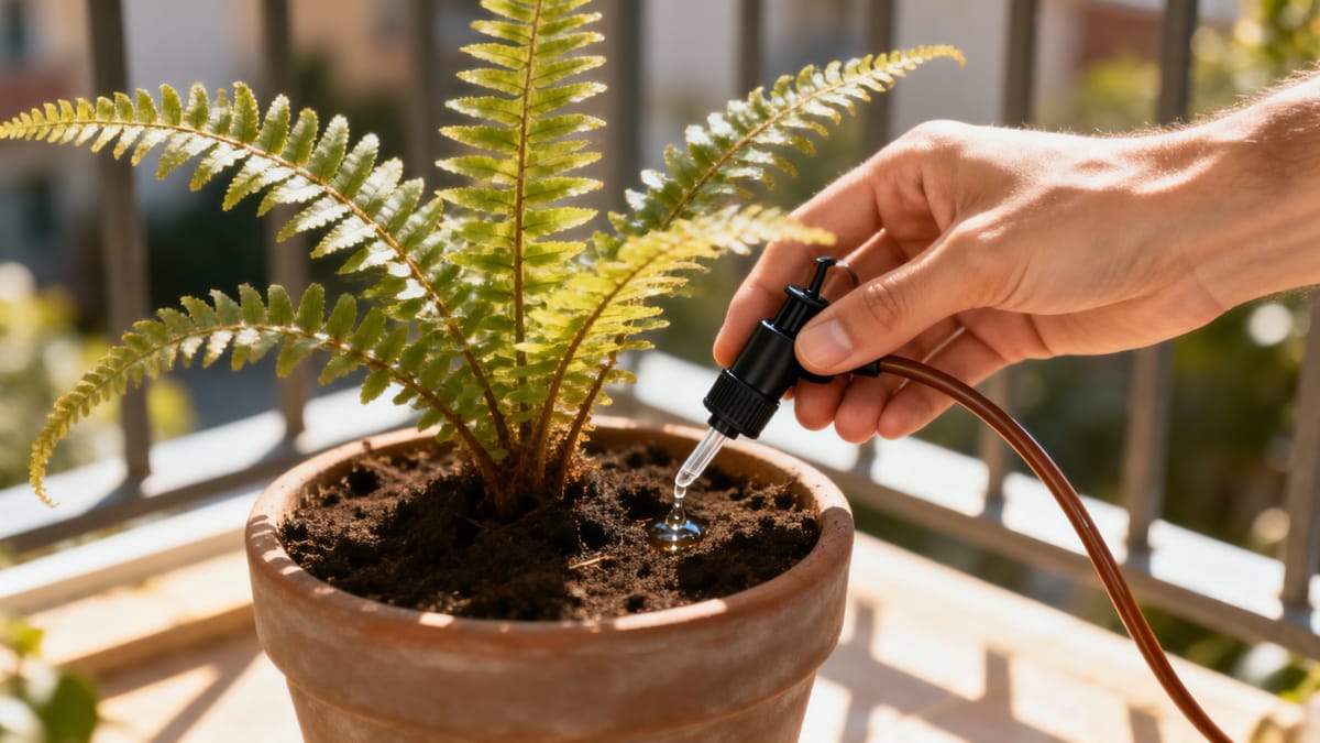 Mani che inseriscono delicatamente un piccolo gocciolatore nero nel terriccio di una felce in vaso, con un sottile tubo capillare marrone collegato, su un balcone soleggiato.