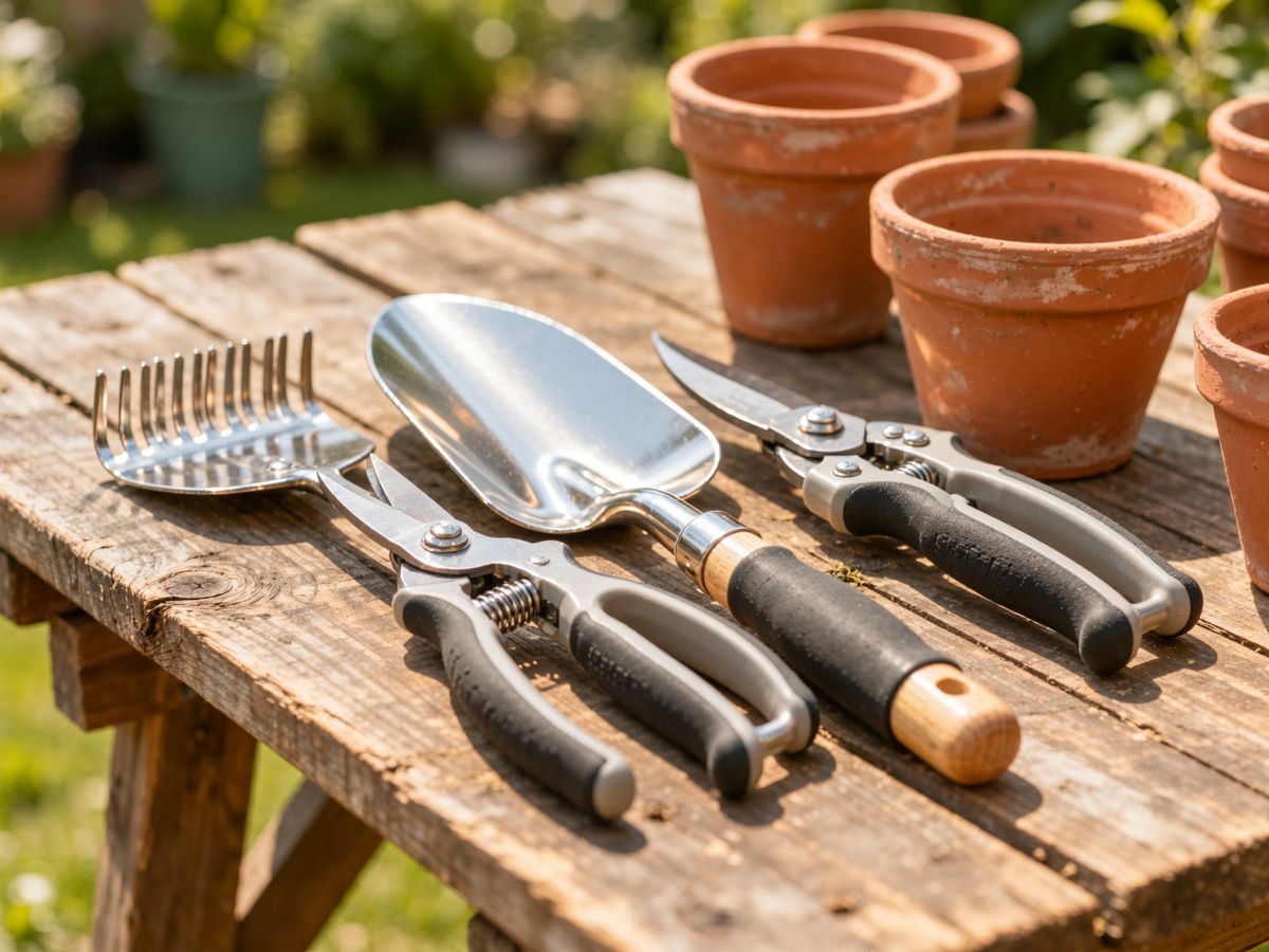 Attrezzi da giardinaggio ben curati, tra cui un piccolo rastrello, una paletta in alluminio e cesoie con inserti in gomma, ordinatamente appoggiati su un tavolo da lavoro in legno rustico accanto a vasi di terracotta vuoti