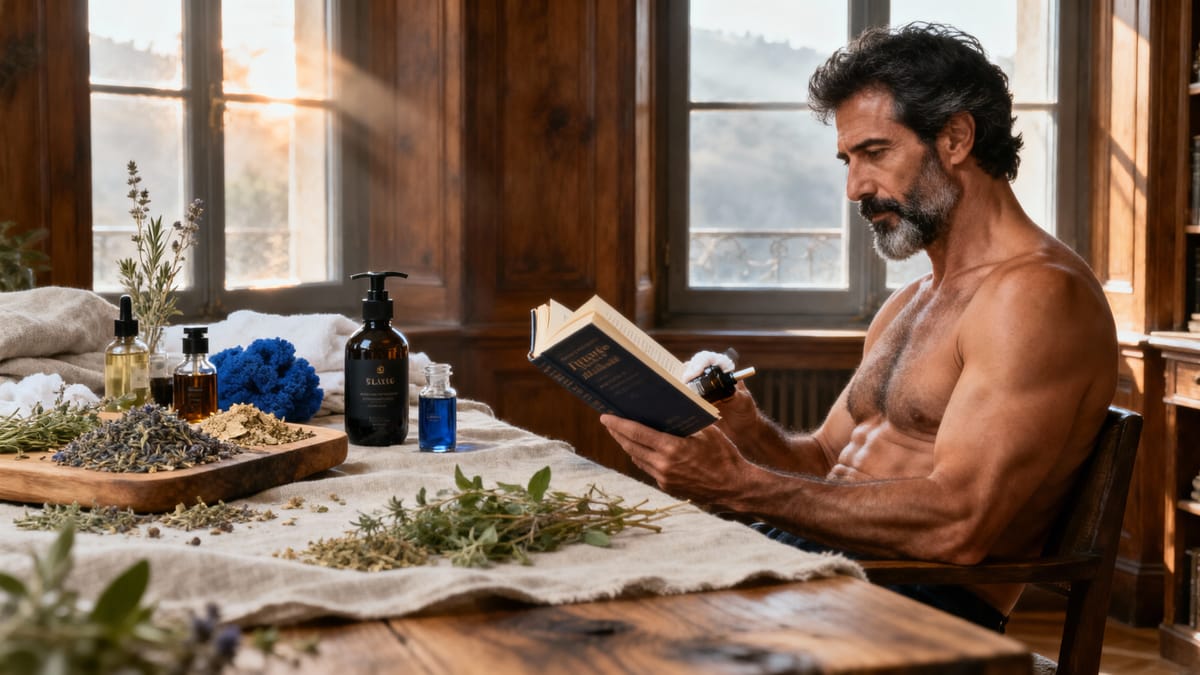 Uomo maturo che legge un libro in uno studio illuminato dalla luce mattutina.