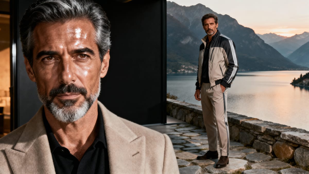 Uomo in abbigliamento sportivo elegante che contempla un paesaggio alpino al mattino presto.