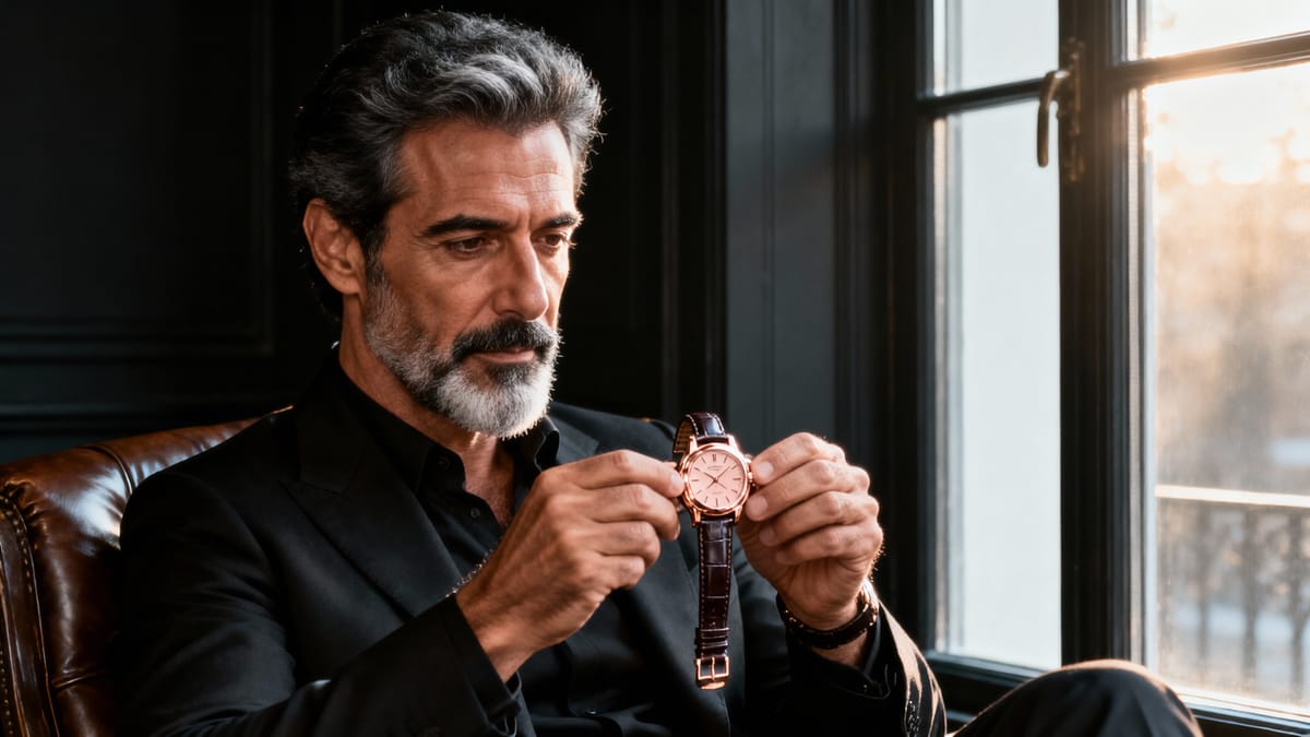 Uomo elegante che regola un orologio meccanico classico alla luce naturale del mattino.