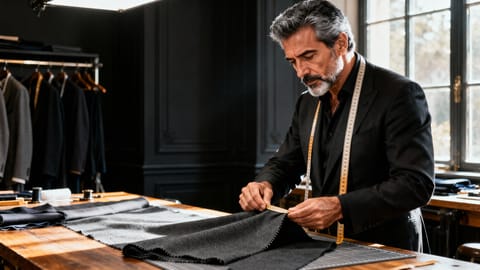 Sarto esperto che misura un tessuto di lana grigia in un atelier illuminato dalla luce naturale.