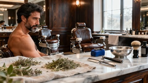 Una postazione di barberia di lusso all'interno di un grand hotel, con strumenti tradizionali disposti su un piano in marmo.