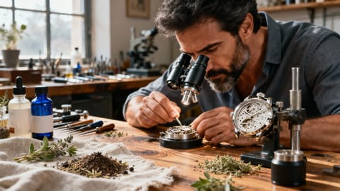 Orologiaio specializzato che lavora con un microscopio binoculare su un calibro meccanico di alta orologeria.