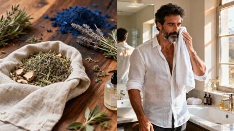 Uomo elegante che si prepara davanti allo specchio con luce naturale del mattino