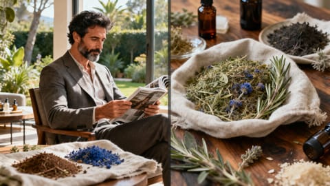 Uomo sofisticato che legge in una lounge elegante e luminosa