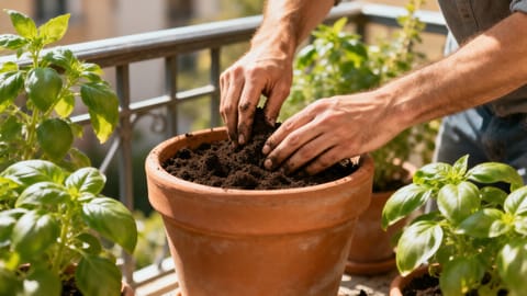 Mani che lavorano il terriccio scuro in un vaso di terracotta circondato da piante verdi rigogliose su un balcone.