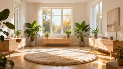 Soggiorno luminoso con arredi minimalisti in legno chiaro, ampie finestre, piante verdi e un grande tappeto morbido circolare al centro della stanza.