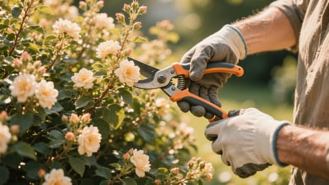 Una persona con guanti da giardinaggio pota un cespuglio fiorito utilizzando cesoie con impugnatura ergonomica sagomata.