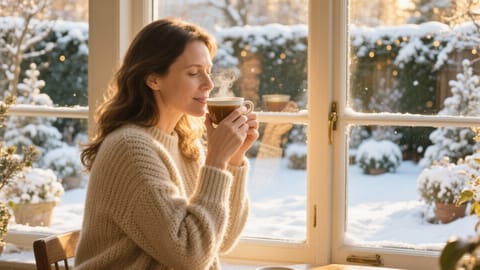 Una donna serena in maglione di lana sorseggia una bevanda calda guardando il giardino d'inverno dalla finestra.