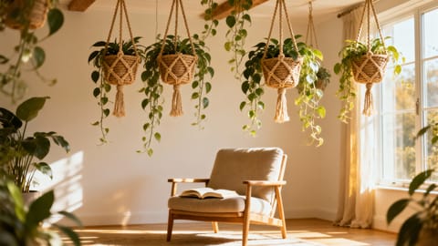 Soggiorno luminoso con piante ricadenti appese al soffitto in cesti di corda sopra una poltrona da lettura.
