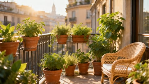 Un balcone cittadino rigoglioso con piante verdi in vasi di terracotta illuminato dalla luce del mattino e sedute in vimini.