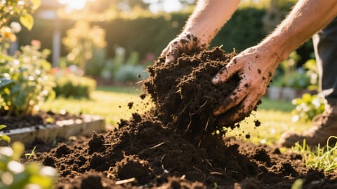 Mani sporche di terra che sollevano un mucchio di humus scuro e fertile in un giardino illuminato dal sole.