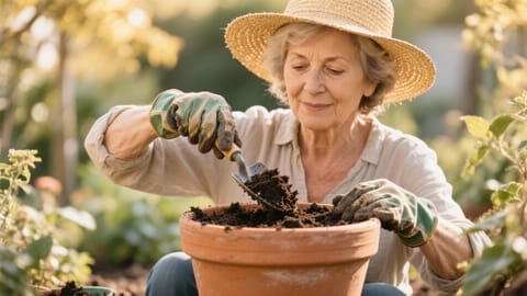Donna di mezza età con cappello di paglia e guanti da giardinaggio mentre mescola con cura del terriccio scuro in un vaso di terracotta.