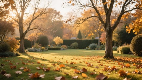 Un giardino autunnale con alberi parzialmente spogli e foglie cadute sul prato, illuminato dalla luce calda e radente del tardo pomeriggio