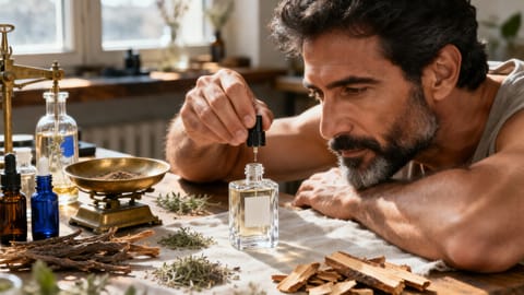 Flacone di cristallo e ingredienti botanici grezzi sul banco di lavoro di un maestro profumiere.